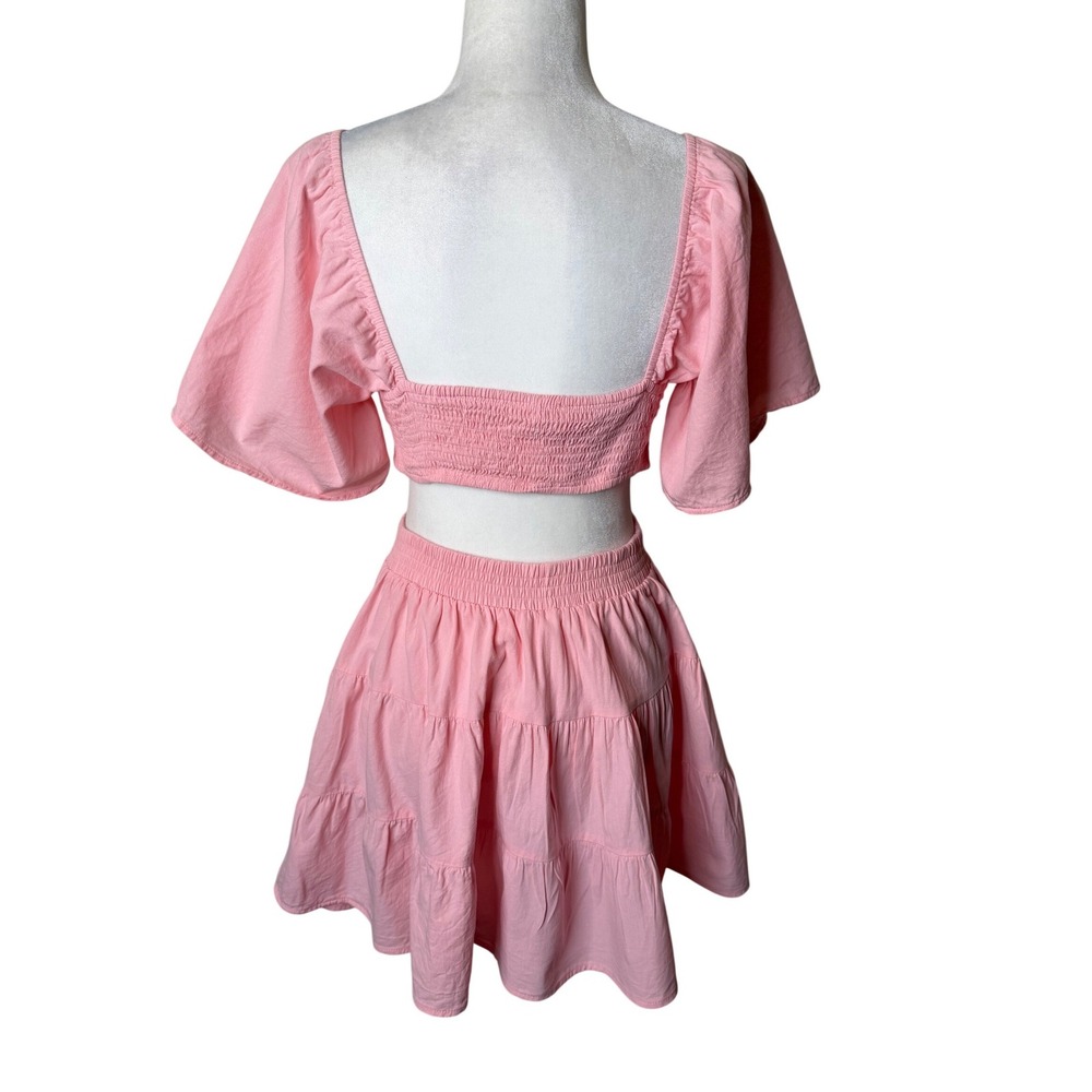 Senllen Pink Cutout Tiered Mini Dress Medium Cotton Summer Sun Dress Coquette‎ - Picture 2 of 12